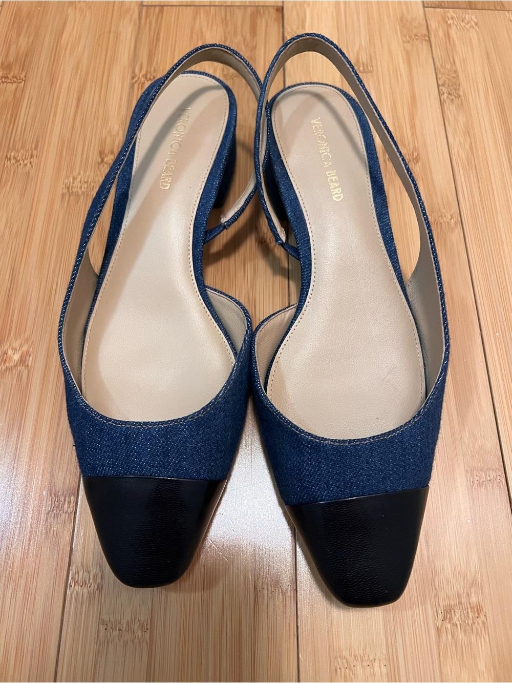 Veronica Beard Blue Denim Slingback Mules with Black Cap Toe